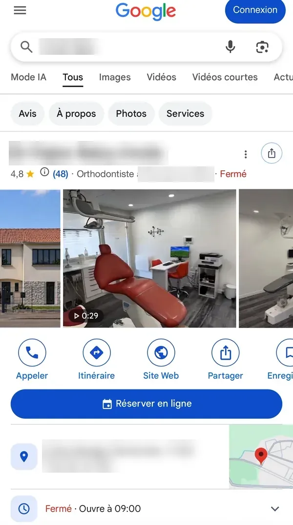 La fiche Google d’un cabinet d’orthodontie client, avec la visite 3D du cabinet dans ses photos