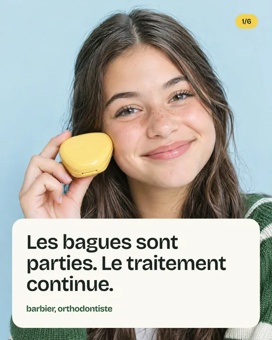 Publication du concept Barbier&nbsp;: une adolescente et la boîte de sa gouttière, «&nbsp;Les bagues sont parties. Le traitement continue.&nbsp;»