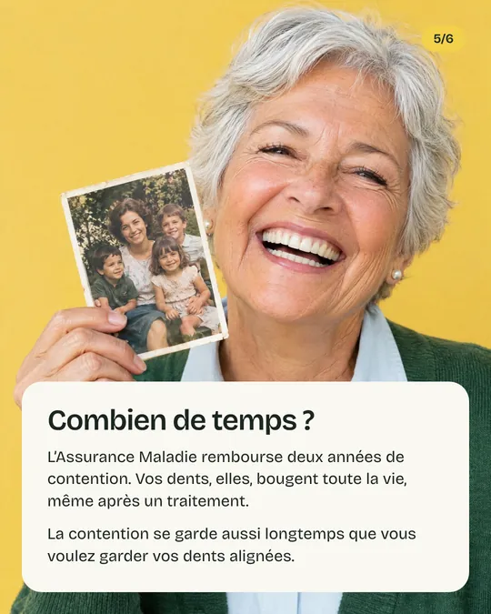 Cinquième image&nbsp;: une grand-mère souriante tient une photo de famille, «&nbsp;Combien de temps&nbsp;?&nbsp;»