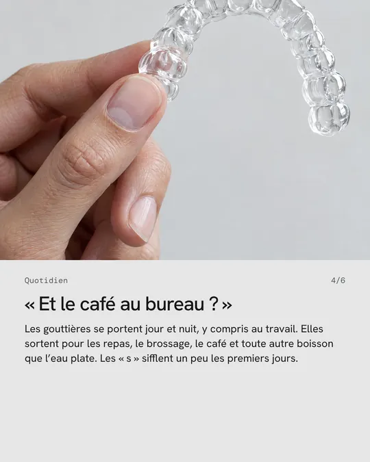 Quatrième image&nbsp;: une main tient une gouttière, «&nbsp;Et le café au bureau&nbsp;?&nbsp;»